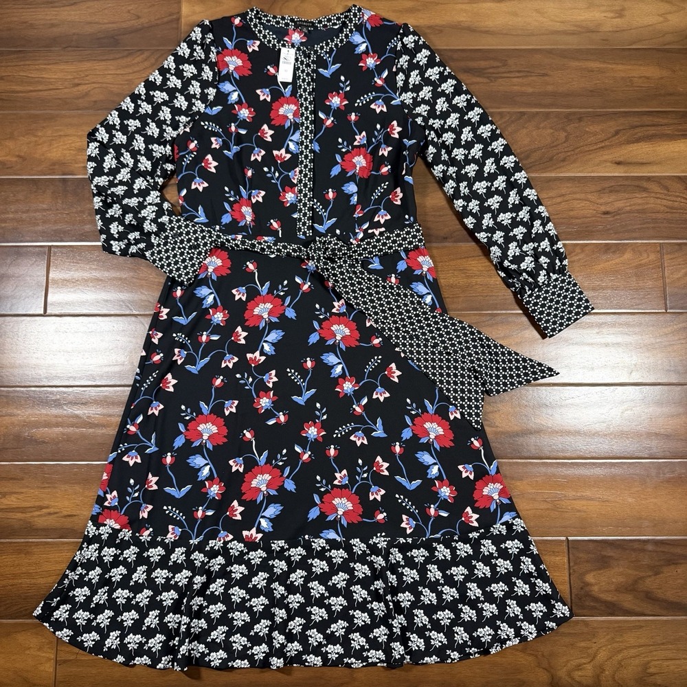 Talbots Women's Size 10 Black Floral Print Tie Belt Long Sleeve Midi Dress